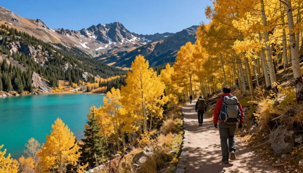 Turquoise Lake trail winding through aspen forest with mountain views Turquoise Lake trail winding through aspen forest with mountain views