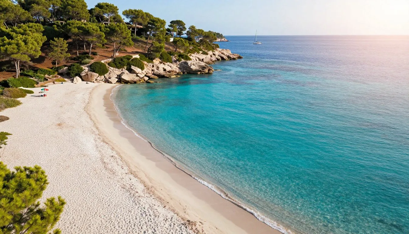 Turquoise Mediterranean waters meeting pristine white sand beaches in the Balearic Islands
