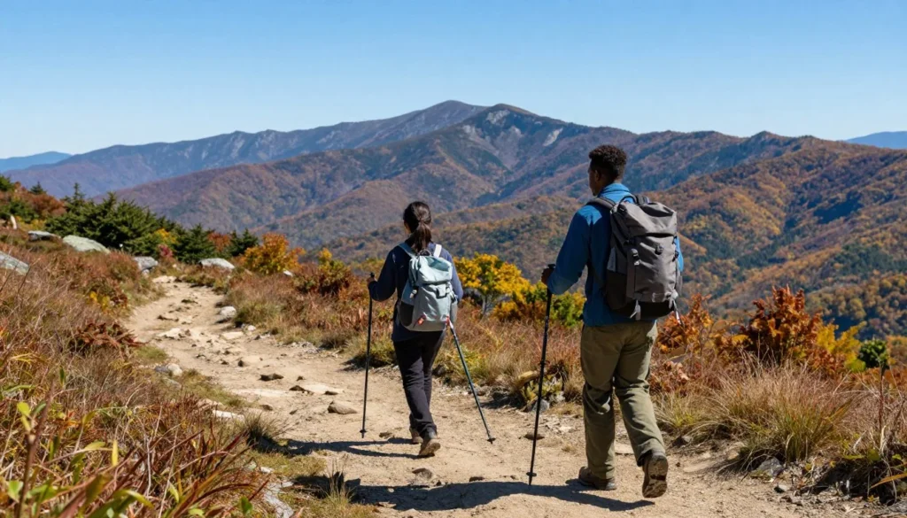 Two hikers on mountain trail with panoramic Great Smoky Mountains views and autumn foliage Two hikers on mountain trail with panoramic Great Smoky Mountains views and autumn foliage
