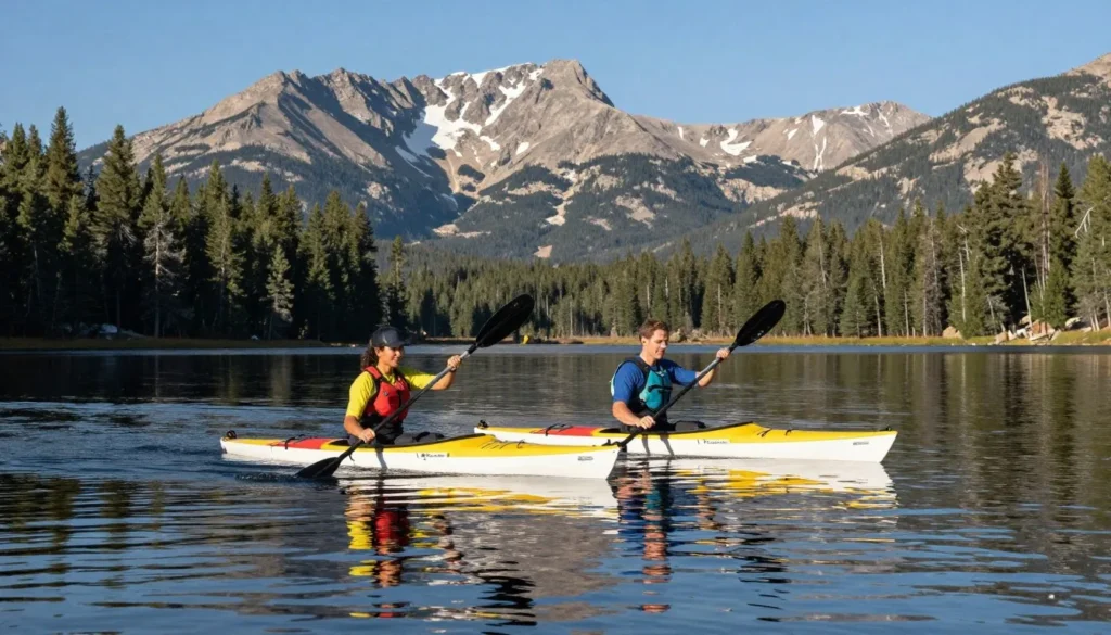 Two kayakers on Grand Lake with mountain backdrop Two kayakers on Grand Lake with mountain backdrop
