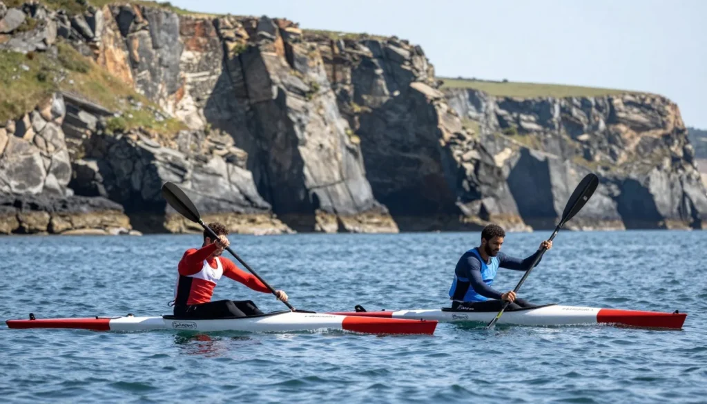 Two kayakers paddling along scenic Waterford coastline with cliffs in background