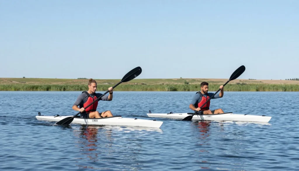 Two kayakers paddling on calm Blue Heron Reservoir with blue sky and grassland shores Two kayakers paddling on calm Blue Heron Reservoir with blue sky and grassland shores