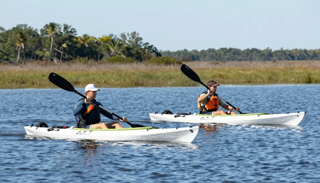 Two kayakers paddling on calm Roanoke Sound waters Two kayakers paddling on calm Roanoke Sound waters