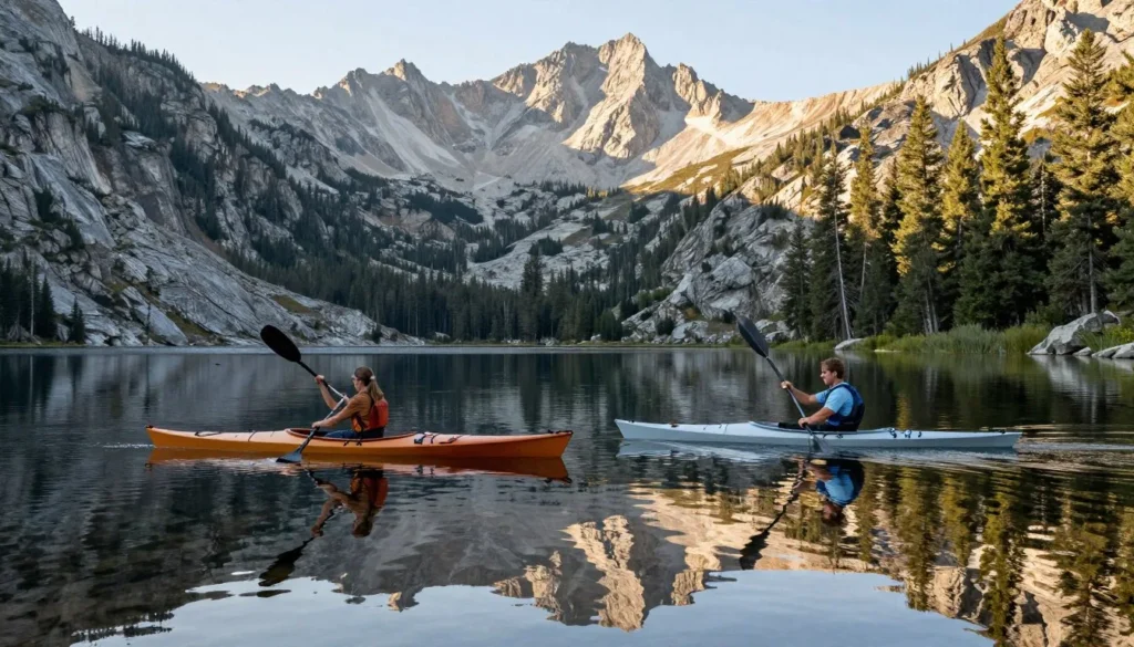 Two kayakers paddling on calm Sierra Nevada lake with mountain reflections Two kayakers paddling on calm Sierra Nevada lake with mountain reflections