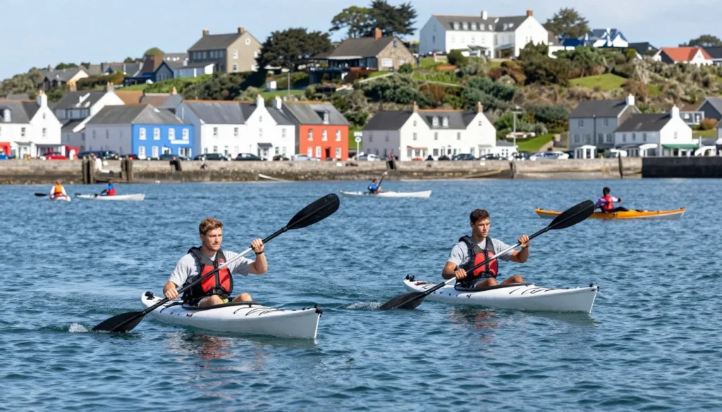 Two kayakers paddling on calm harbor water with colorful town buildings in background