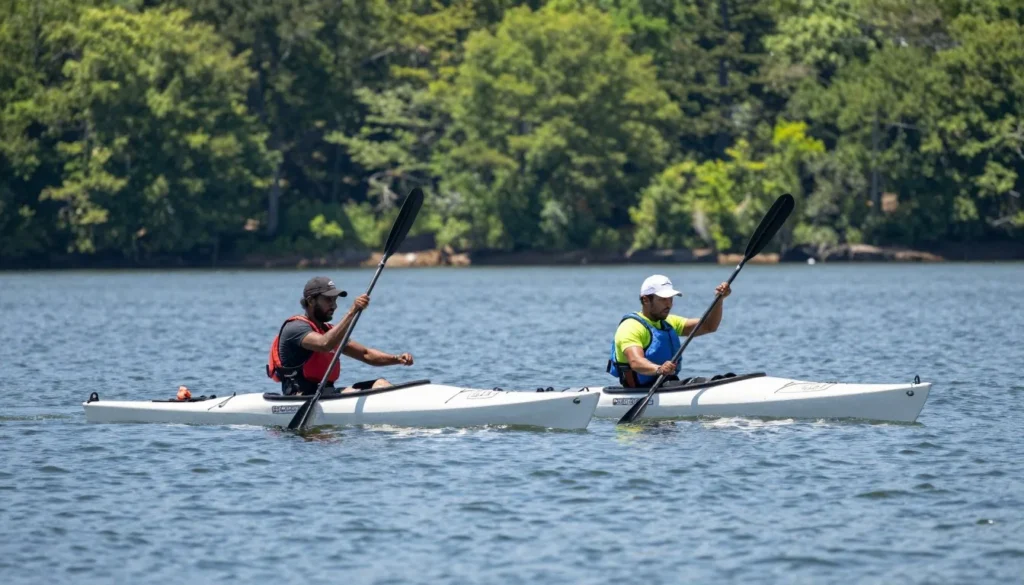 Two kayakers paddling on calm lake water with forested shoreline Two kayakers paddling on calm lake water with forested shoreline