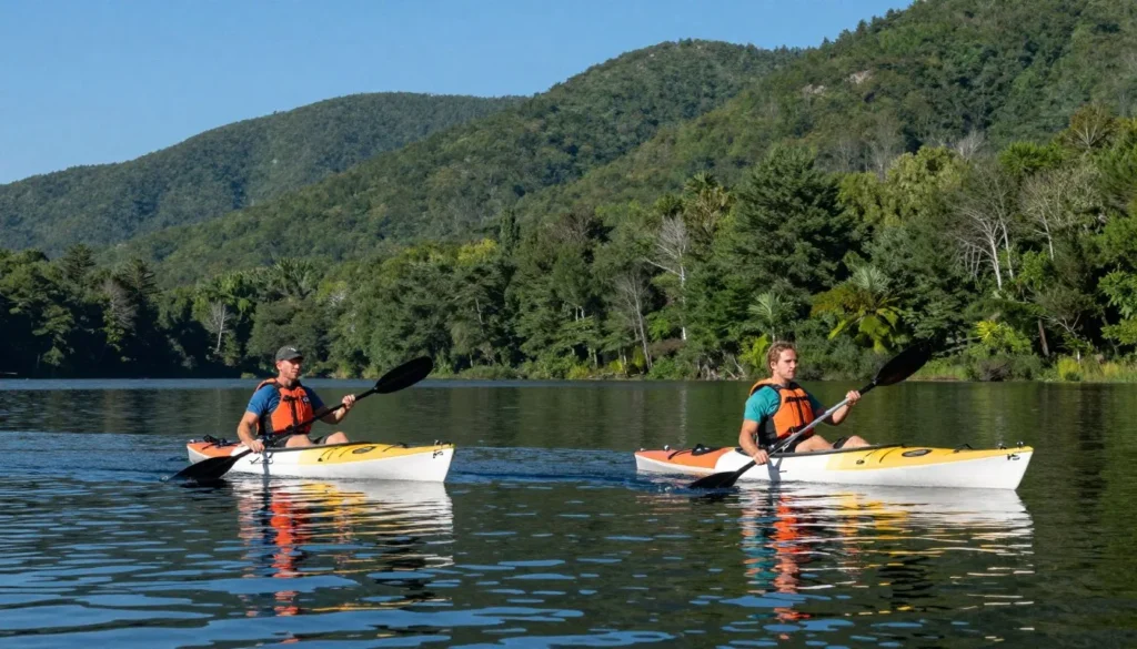Two kayakers paddling on calm mountain lake with forest shoreline Two kayakers paddling on calm mountain lake with forest shoreline