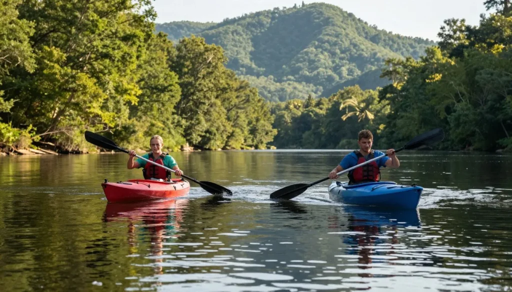 Two kayakers paddling on calm mountain river surrounded by forest Two kayakers paddling on calm mountain river surrounded by forest