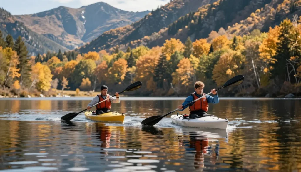 Two kayakers paddling on mountain lake near Cherohala Skyway Two kayakers paddling on mountain lake near Cherohala Skyway
