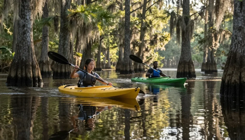 Two kayakers paddling through calm cypress swamp waters at Bushy Lake with reflections and Spanish moss Two kayakers paddling through calm cypress swamp waters at Bushy Lake with reflections and Spanish moss