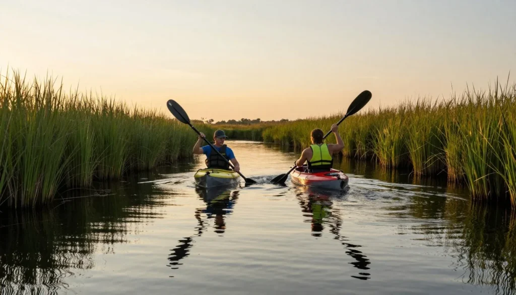 Two kayakers paddling through calm marsh waters at golden hour in Brunswick County Two kayakers paddling through calm marsh waters at golden hour in Brunswick County