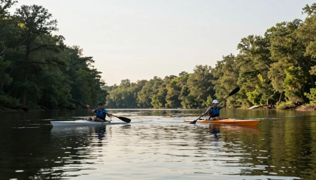 Two kayakers paddling through calm section of river near Gar Island Tennessee Two kayakers paddling through calm section of river near Gar Island Tennessee