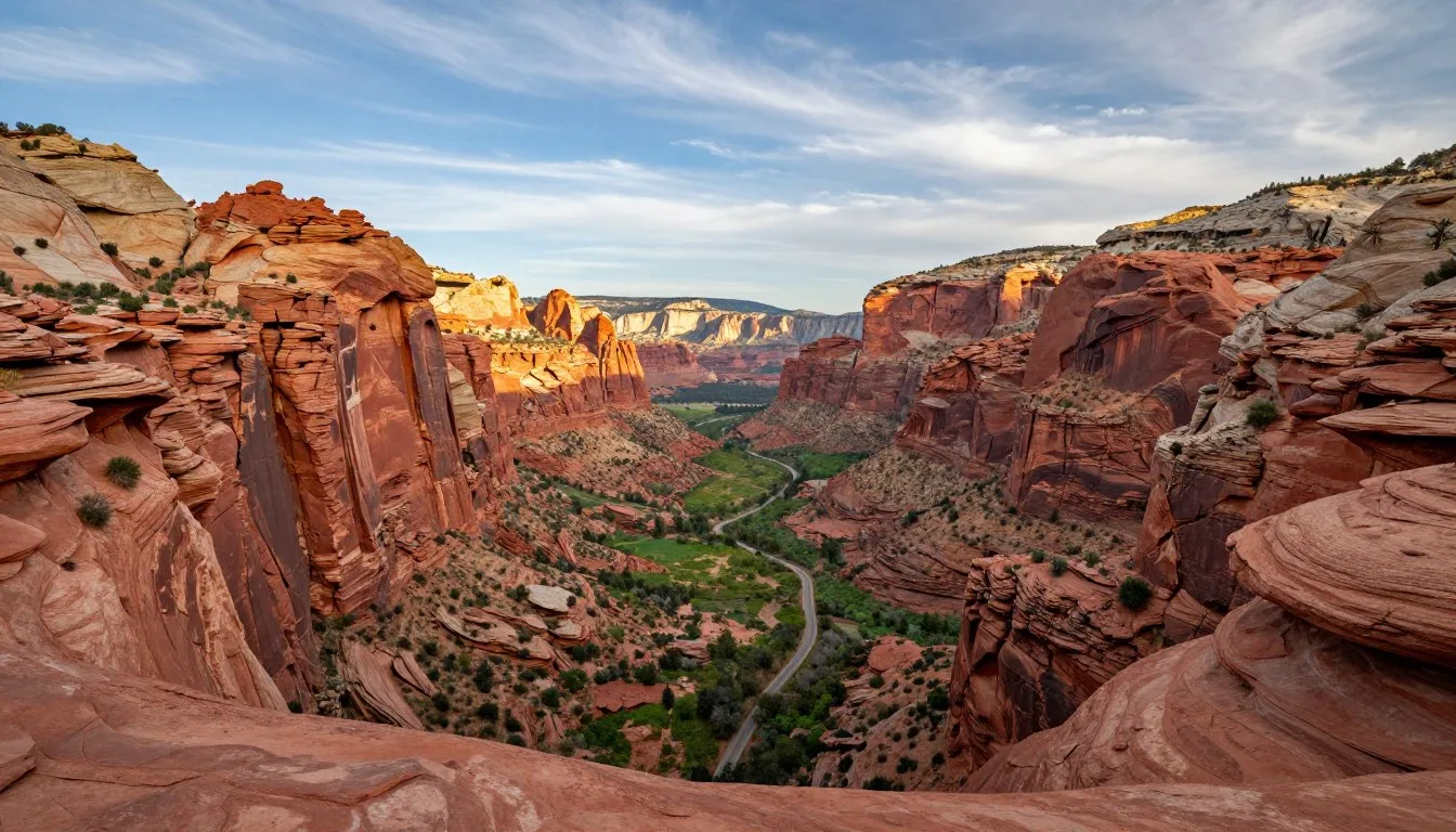 Unaweep Canyon Colorado with red rock cliffs and winding highway through the valley