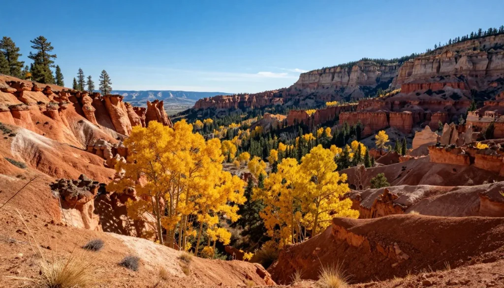 Unaweep Canyon in autumn with golden aspen trees and red rock formations Unaweep Canyon in autumn with golden aspen trees and red rock formations