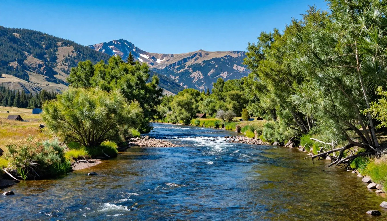 Uncompahgre River flowing through scenic Colorado valley with mountains