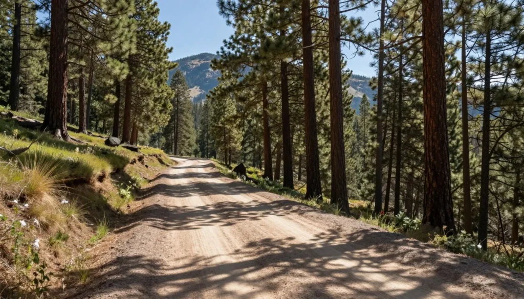 Unpaved forest road through pine forest in mountains
