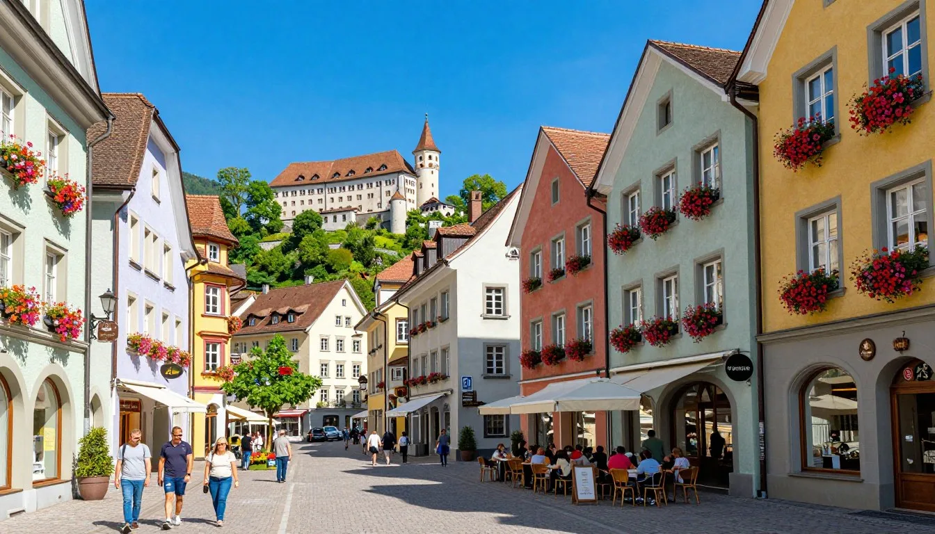 Vaduz city center with Vaduz Castle on mountain overlooking the capital city