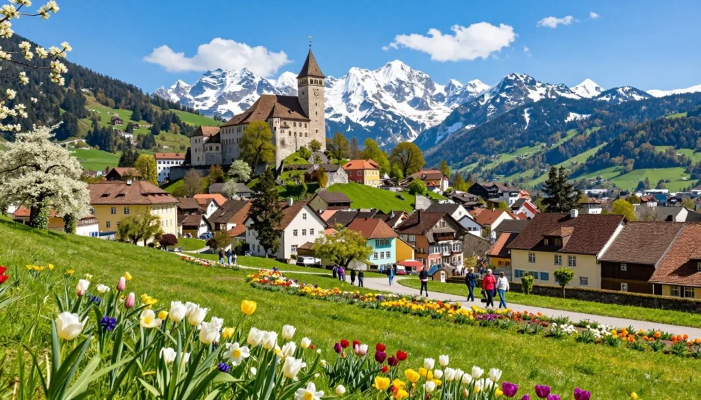 Vaduz in spring with blooming flowers and mountain backdrop