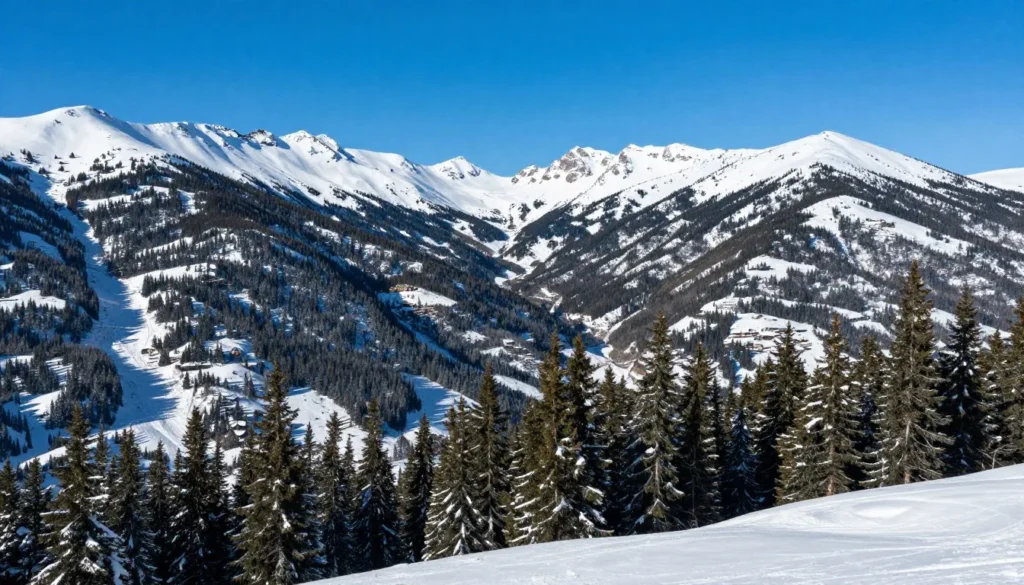 Vail Pass winter recreation area with snow-covered peaks and evergreen forests Vail Pass winter recreation area with snow-covered peaks and evergreen forests