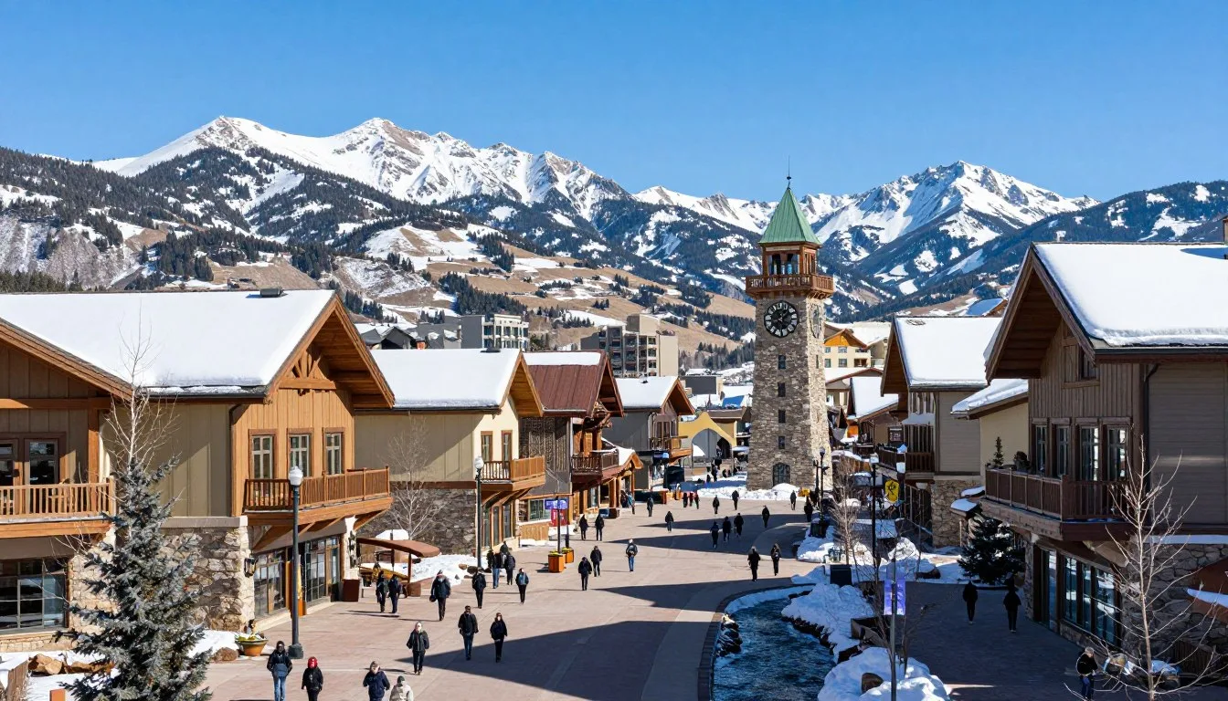 Vail Village nestled in Colorado Rocky Mountains with snow-covered peaks