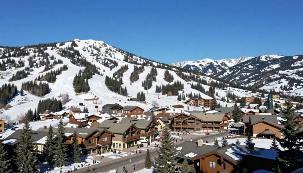 Vail mountain resort panoramic view with ski slopes and alpine village Vail mountain resort panoramic view with ski slopes and alpine village