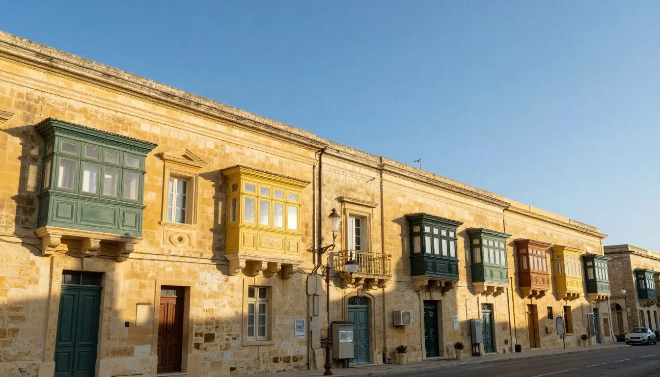Valletta Malta historic limestone buildings and narrow streets under blue Mediterranean sky