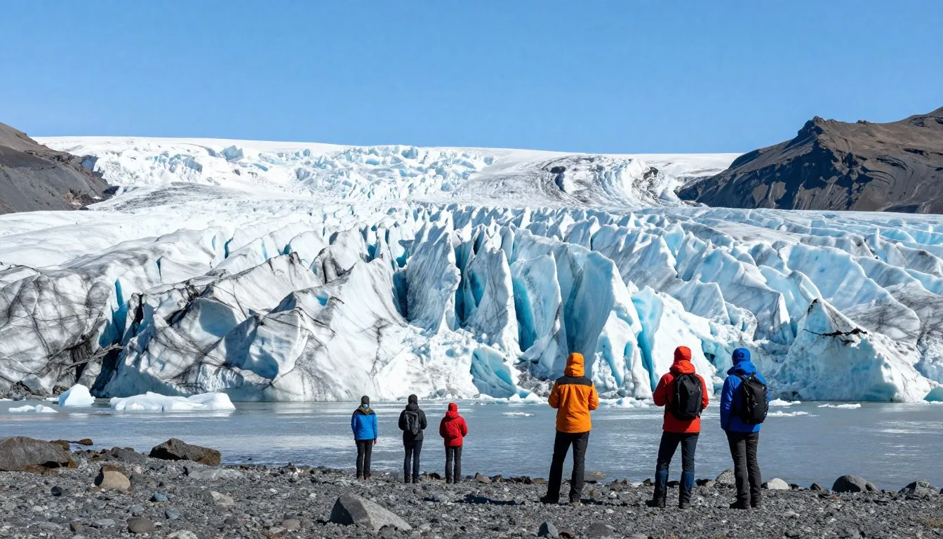Vatnajokull glacier and dramatic ice formations under blue sky in Iceland's largest national park