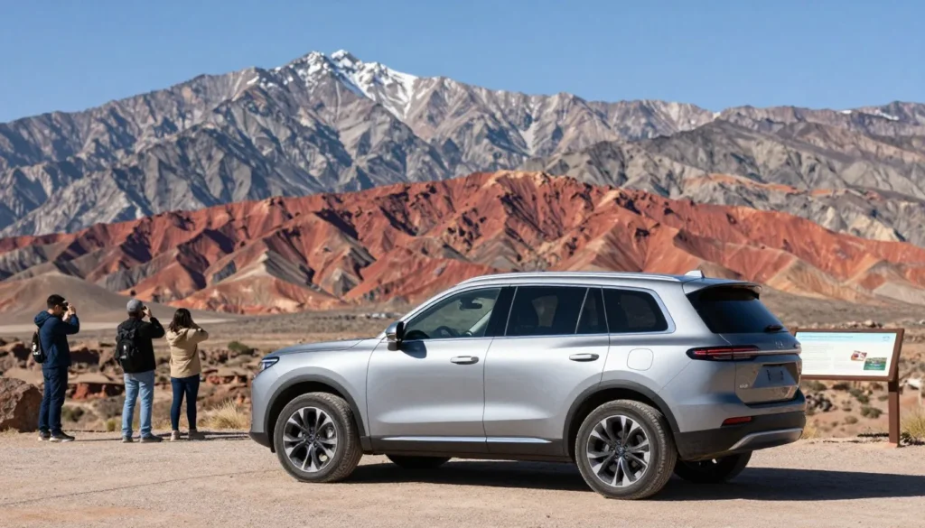 Vehicle at scenic mountain pullout with panoramic views