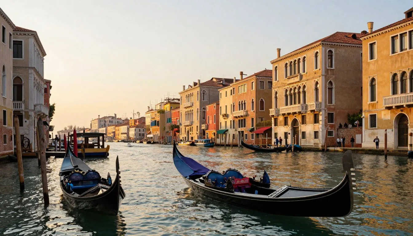 Venice Italy travel guide showing the Grand Canal at golden hour with gondolas