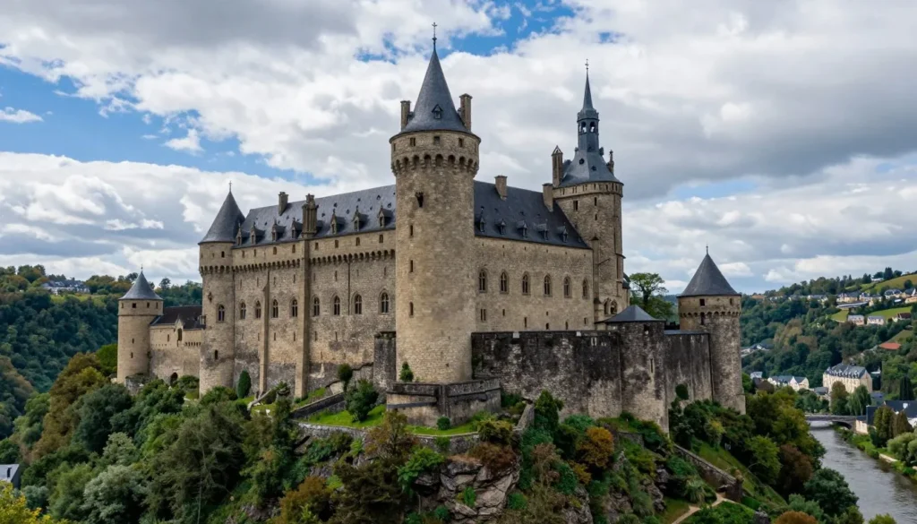 Vianden Castle medieval fortress overlooking Luxembourg town and river valley