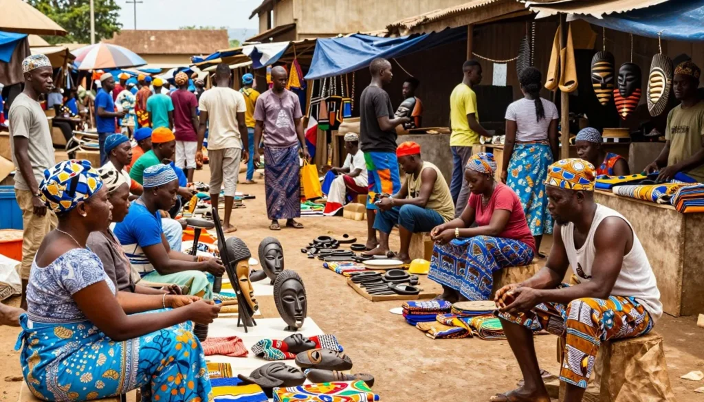 Vibrant Ouando Market in Porto-Novo with vendors selling traditional crafts