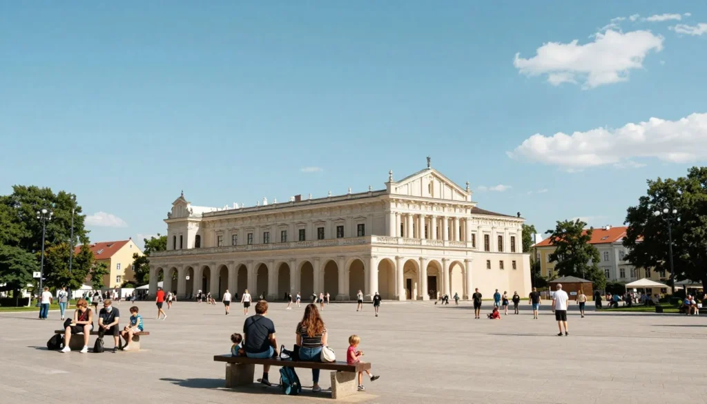 Vilnius Cathedral Square during summer with people enjoying outdoor activities