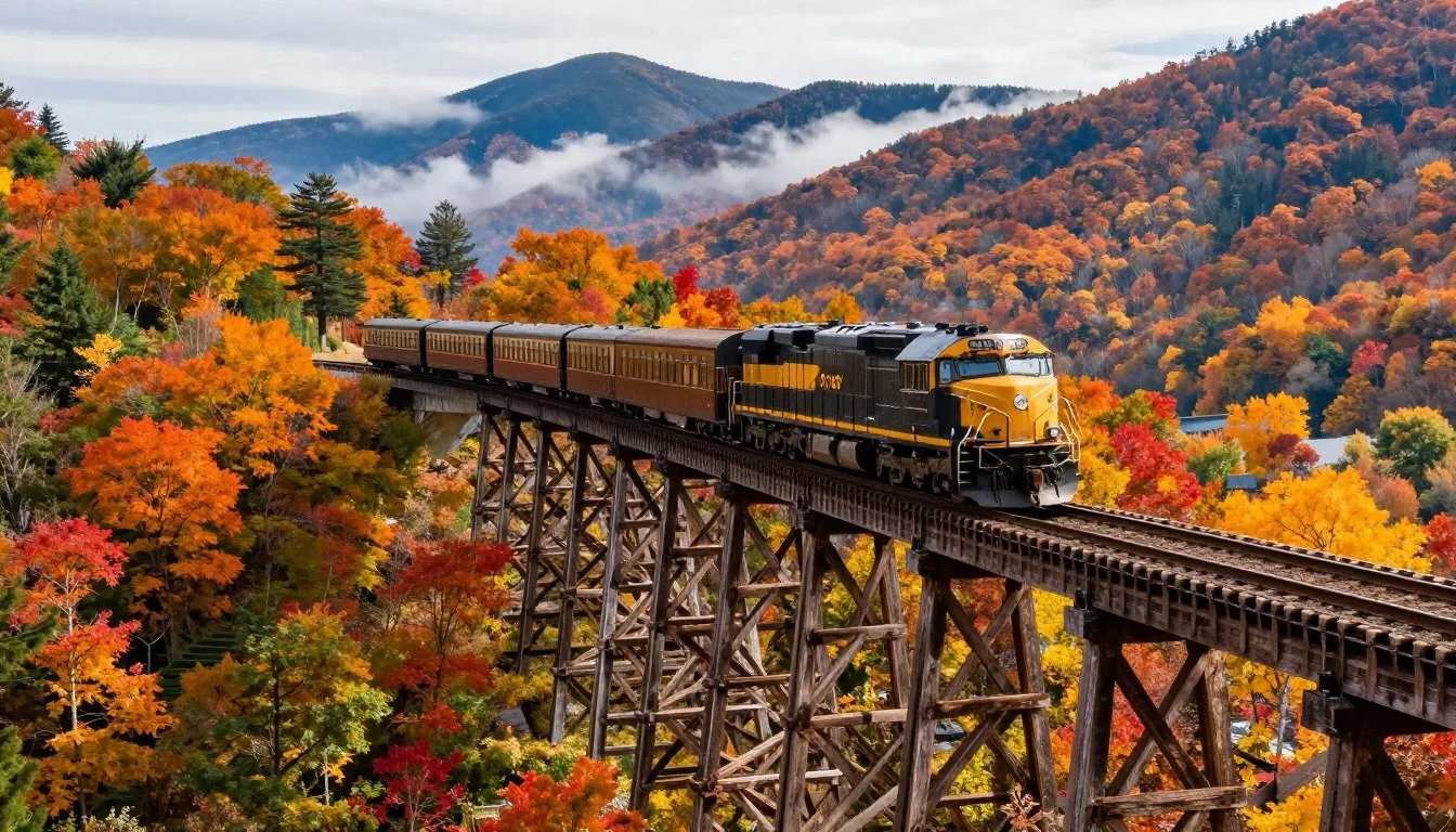 Vintage train crossing historic trestle bridge through Great Smoky Mountains with autumn foliage