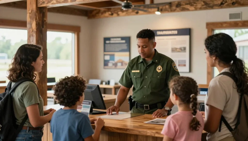 Visitor center information desk with ranger and guests Visitor center information desk with ranger and guests