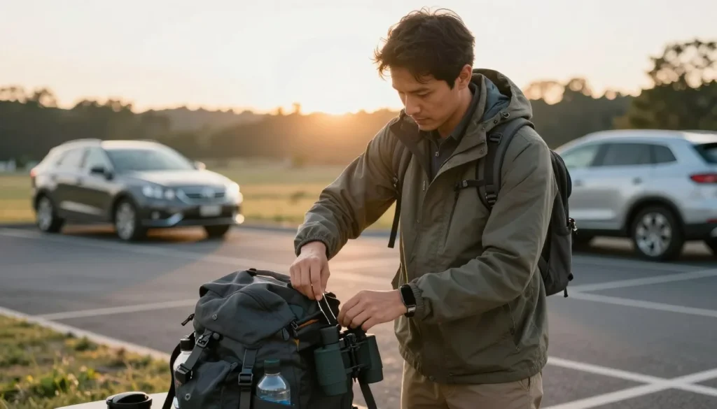 Visitor preparing for hike at Two Ponds with gear Visitor preparing for hike at Two Ponds with gear