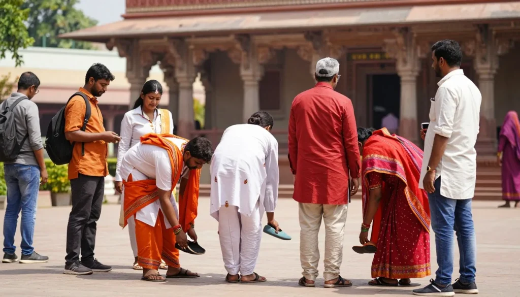 Visitors at traditional temple near Ranthambore dressed respectfully