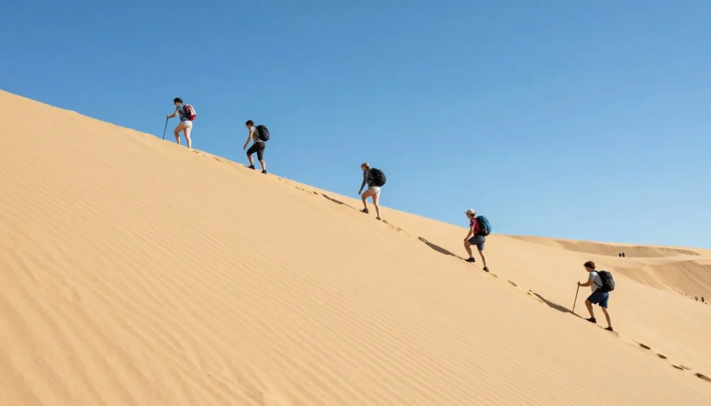Visitors climbing massive sand dunes under blue sky Visitors climbing massive sand dunes under blue sky