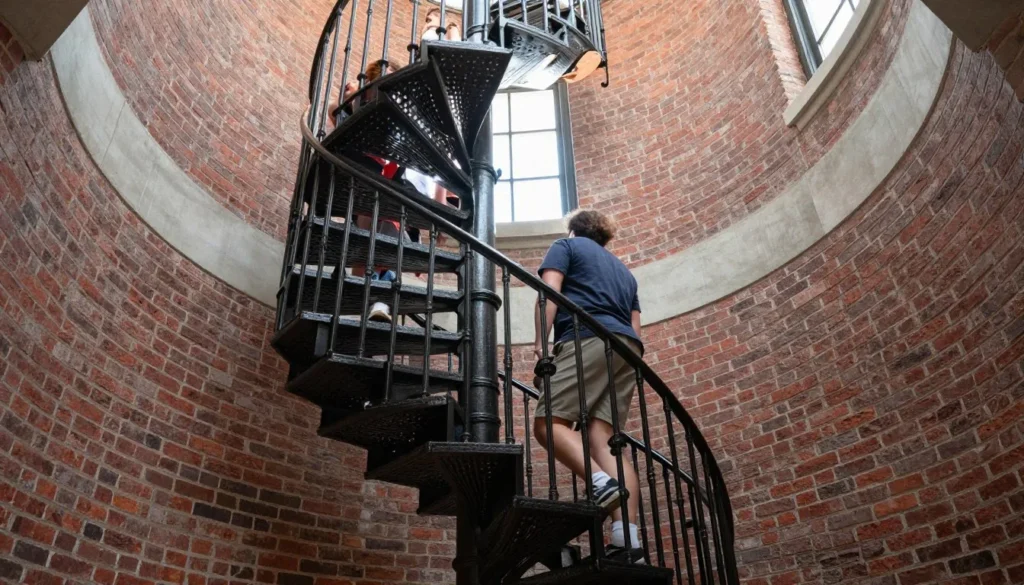 Visitors climbing spiral staircase inside Currituck Beach Lighthouse tower Visitors climbing spiral staircase inside Currituck Beach Lighthouse tower