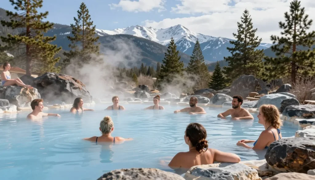 Visitors enjoying hot springs pools in Colorado mountains Visitors enjoying hot springs pools in Colorado mountains