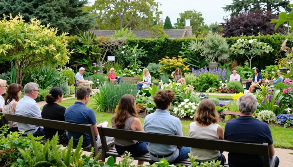 Visitors enjoying quiet contemplation in garden setting Visitors enjoying quiet contemplation in garden setting