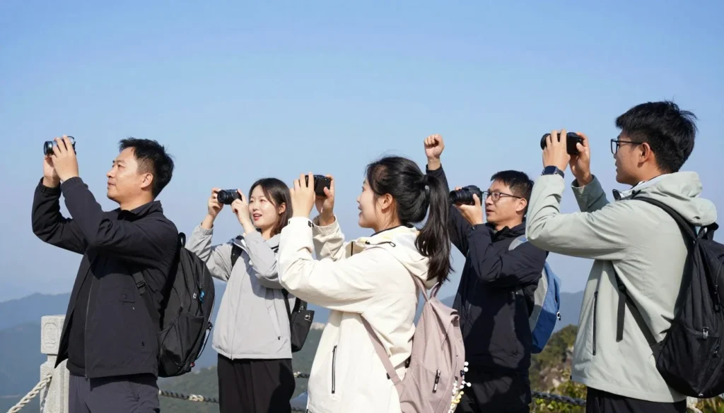 Visitors enjoying scenic mountain overlook and taking photos Visitors enjoying scenic mountain overlook and taking photos
