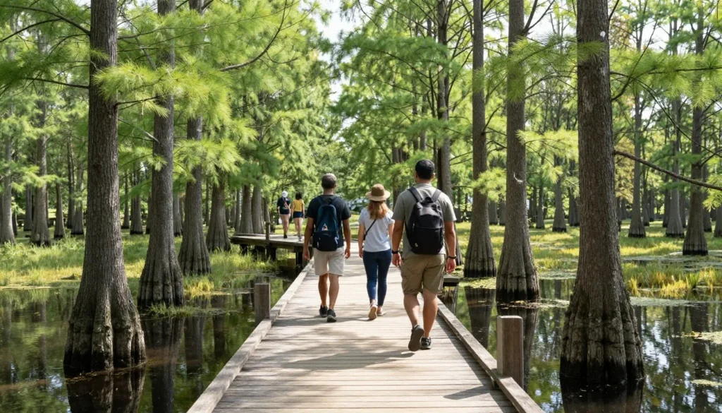 Visitors exploring boardwalk trail through Dismal Swamp State Park wetlands Visitors exploring boardwalk trail through Dismal Swamp State Park wetlands