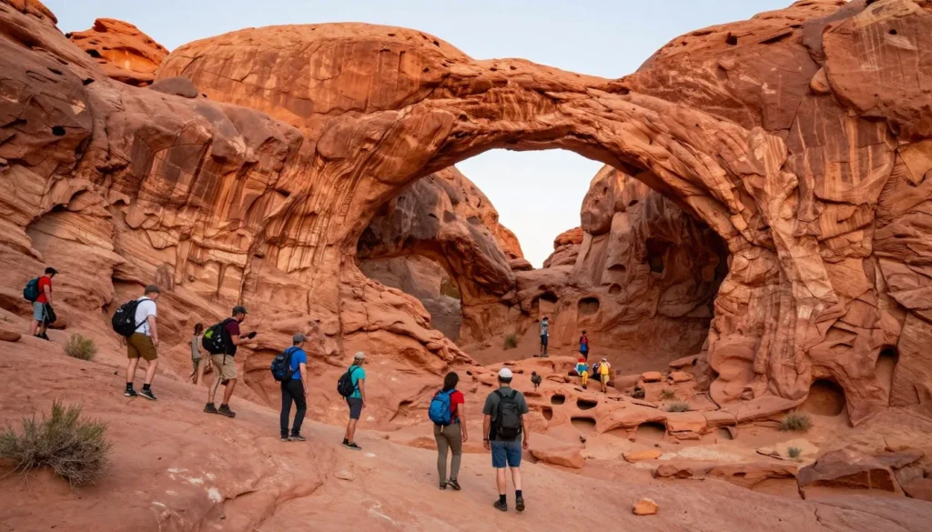 Visitors exploring red sandstone formations at Moqui Cave