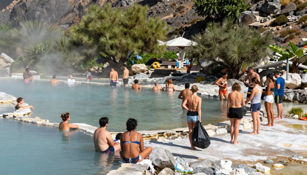 Visitors practicing safety and respect at hot springs Visitors practicing safety and respect at hot springs