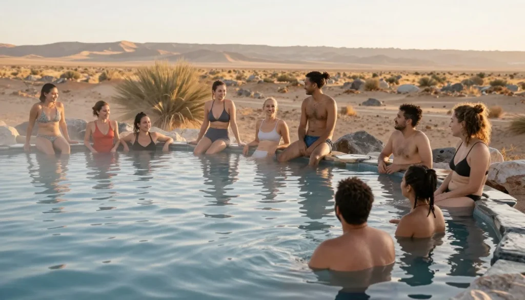 Visitors relaxing and socializing in Meadow Hot Springs pools Visitors relaxing and socializing in Meadow Hot Springs pools