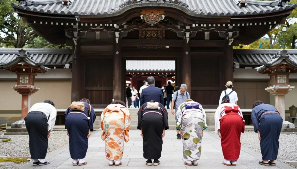 Visitors respectfully bowing at temple entrance in Oita following local customs