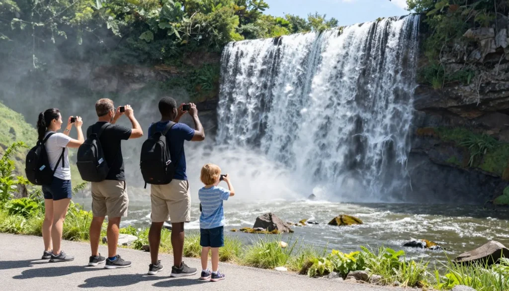 Visitors viewing Cullasaja Falls from roadside observation area Visitors viewing Cullasaja Falls from roadside observation area
