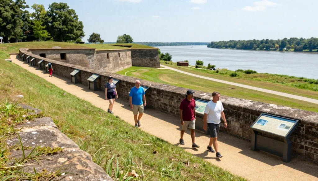 Visitors walking along earthwork fortifications at Fort Pillow with interpretive signs Visitors walking along earthwork fortifications at Fort Pillow with interpretive signs