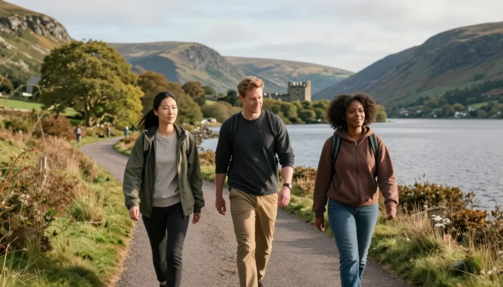 Visitors walking along the lakeside path to Glenveagh Castle