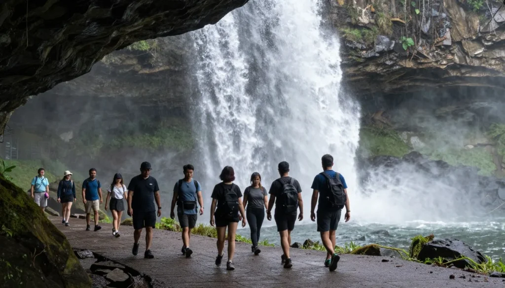 Visitors walking behind Dry Falls waterfall on paved trail with water curtain visible Visitors walking behind Dry Falls waterfall on paved trail with water curtain visible